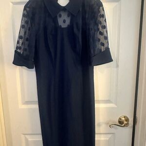 Zara Navy Dress with Sheer Polka Dot Sleeves